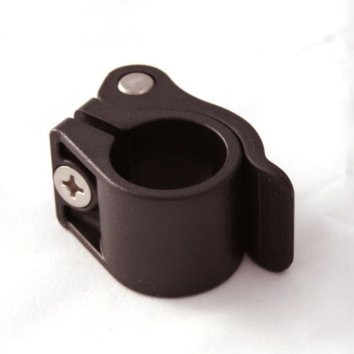 Black plastic clamp with a metal screw and pin designed for securing or adjusting depth on fishing equipment, named Minn Kota CAM LOCK/DEPTH COLLAR ASY P/N: 2991521.