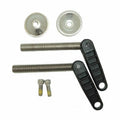 Minn Kota CLAMP SCREW/HANDLE ASY, TAPPED P/N: 2771303 showing two metal clamp screws with black textured handles, two round metal washers, and two small threaded bolts, designed for fishing tackle assembly.