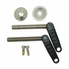 Minn Kota CLAMP SCREW/HANDLE ASY, TAPPED P/N: 2771303 showing two metal clamp screws with black textured handles, two round metal washers, and two small threaded bolts, designed for fishing tackle assembly.
