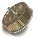 Close-up of a metallic gear component with a central shaft, showing finely grooved teeth and a circular base, Minn Kota CLUSTER GEAR ASSEMBLY (N/A) P/N: 2770427.