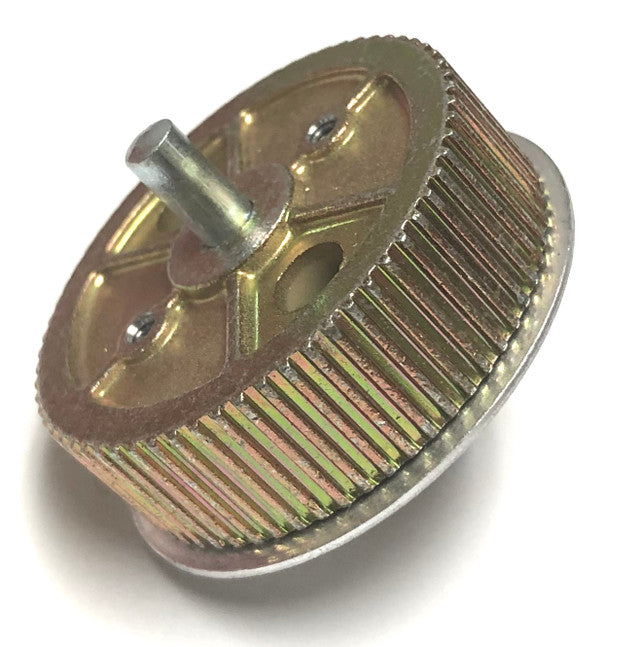 Close-up of a metallic gear component with a central shaft, showing finely grooved teeth and a circular base, Minn Kota CLUSTER GEAR ASSEMBLY (N/A) P/N: 2770427.