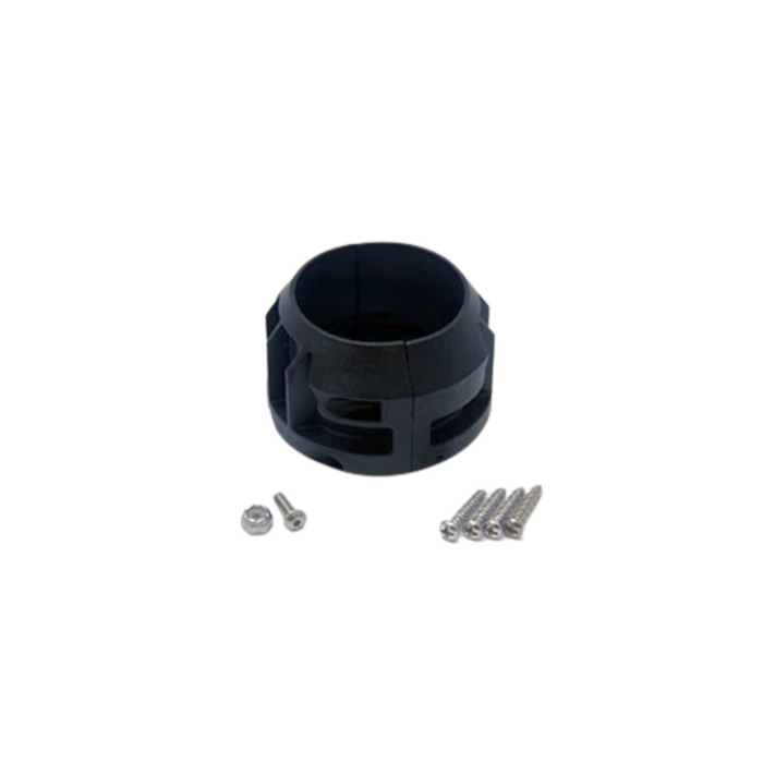 Minn Kota COLLR-FRNT/BCK,LFT ASST KIT P/N: 2771523 showing a black cylindrical plastic collar component with four small screws and two additional metal fasteners, used in fishing tackle assembly.