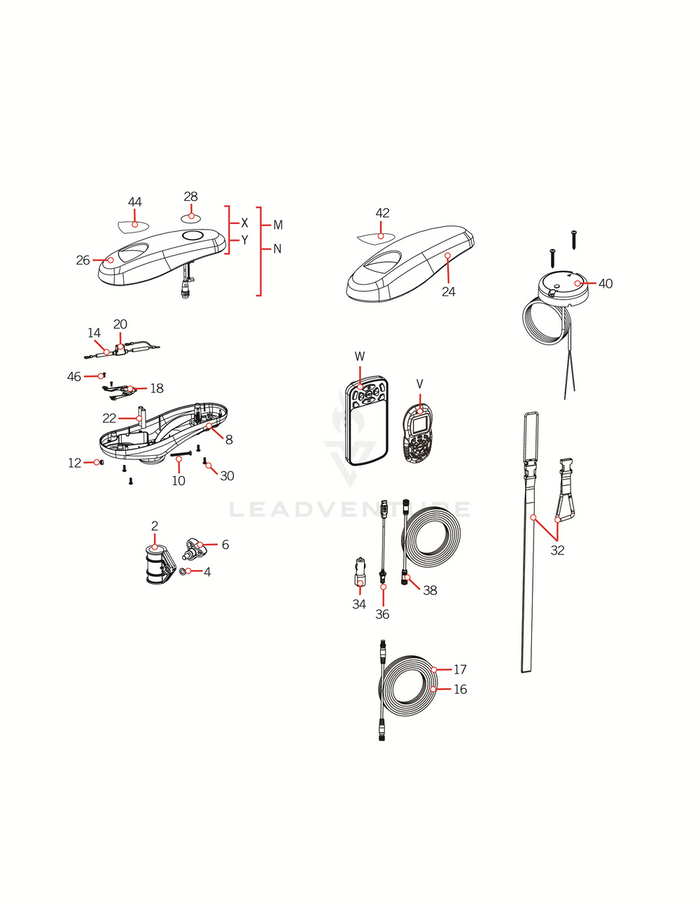 Diagram illustrating labeled parts and components of the Minn Kota CONTROL BOX P/N: 2292500, including mounting hardware, cables, remote control devices, and other fishing tackle accessories.