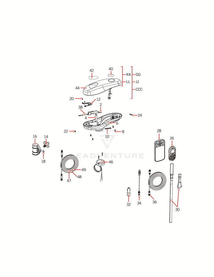 Detailed exploded diagram of the Minn Kota CONTROL BOX P/N: 2292500 showing all individual components, screws, wires, and connectors for assembly and repair.