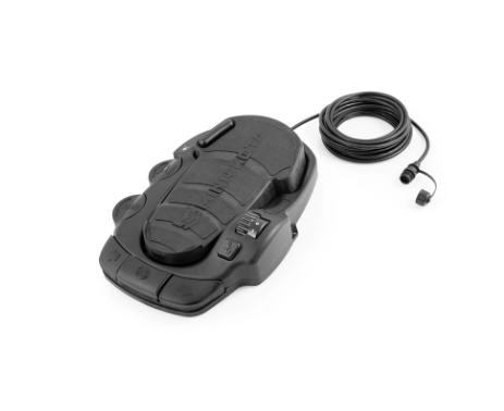 Black Minn Kota Corded-Foot Pedal Terrova/Riptide Terrova PN:2994733/1866077 with ergonomic design and connected long cord for precise hands-free control of marine electronics.