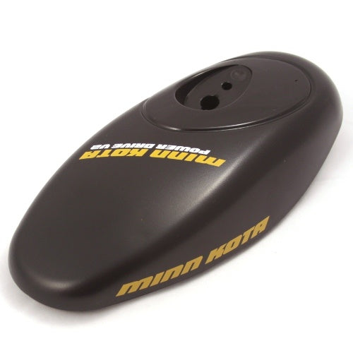 Black streamlined Minn Kota COVER-CONTROL BOX FW PD MK V2 P/N: 2300237 with smooth plastic casing and yellow branding, designed for marine electronics and fishing tackle control.
