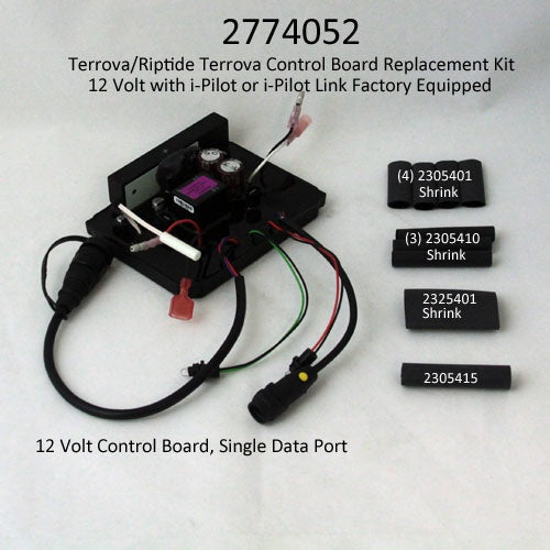 Minn Kota CTRL BD,12V TRV,w/SHRINKS(SUB) P/N: 2774052 showing a 12 Volt control board with attached wiring and labeled shrink tubing components, designed for marine electronics and fishing tackle systems.