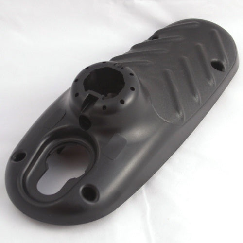 Black molded plastic mounting base with textured surface and multiple screw holes, designed for marine electronics, Minn Kota CTRL BOX BASE FW,w/Decal P/N: 2882500.