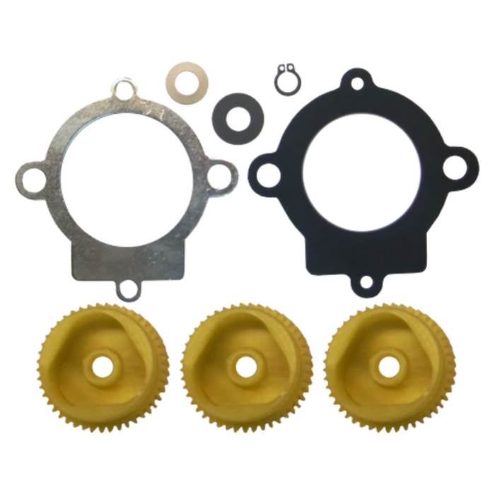 Minn Kota CTRL BOX BTM SW,BRASS SCREW(~) P/N: 2882507 showing three brass gears, two gasket seals, and various small washers and clips arranged on a white background.