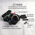 Minn Kota CTRL BRD ASY-MX/HC W/ADP (N/A) P/N: 2774004 showing a 12 volt Maxxum hand control board replacement kit with wiring diagram, potentiometer adapter, heat shrink tubes, and screws.