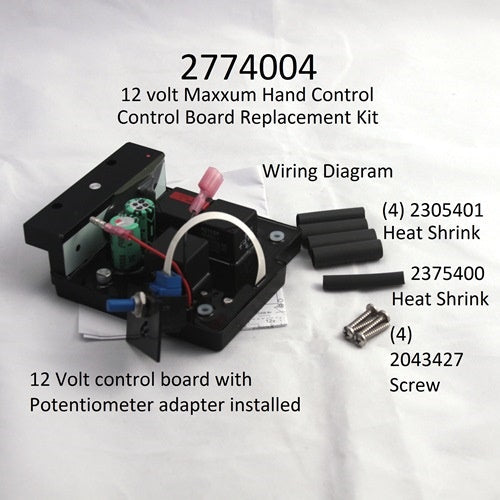 Minn Kota CTRL BRD ASY-MX/HC W/ADP (N/A) P/N: 2774004 showing a 12 volt Maxxum hand control board replacement kit with wiring diagram, potentiometer adapter, heat shrink tubes, and screws.