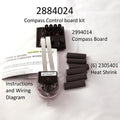 Minn Kota CTRL BRD w/SHRINKS NH ASM(SUB) P/N: 2884024 showing compass control board kit with compass board, heat shrink tubes, and instruction manual with wiring diagram on white background.