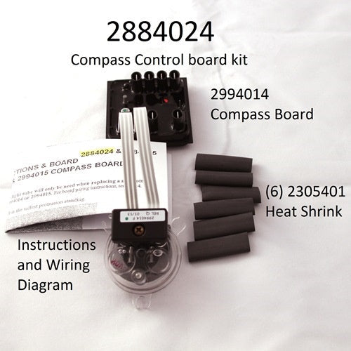 Minn Kota CTRL BRD w/SHRINKS NH ASM(SUB) P/N: 2884024 showing compass control board kit with compass board, heat shrink tubes, and instruction manual with wiring diagram on white background.