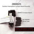 Minn Kota CTRL BRD/SHRINK TUBE ASM (N/A) P/N: 2884025 showing a Southern Hemisphere compass board assembly with compass board, six black shrink tubes, and assembly instructions on a white background.