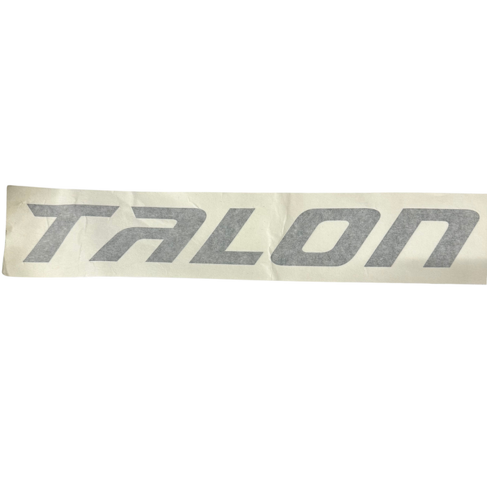 Minn Kota DECAL, LG T2 LOGO 8/10/12' WHT P/N: 2375893 is a white adhesive decal featuring the word "TALON" in large gray stylized letters, suitable for fishing tackle gear or marine electronics branding.