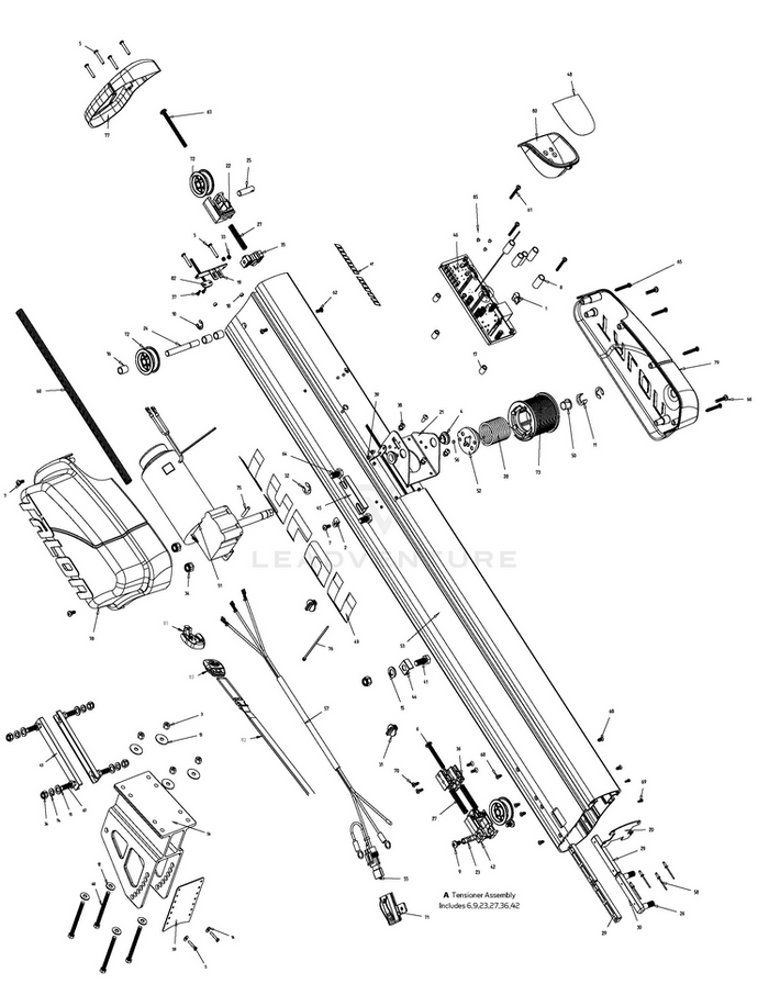 Minn Kota DECAL, LG T2 LOGO 8/10/12' WHT P/N: 2375893 showing a detailed exploded diagram of a trolling motor assembly with labeled components and hardware for fishing marine electronics maintenance.