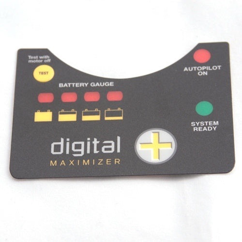 Minn Kota DECAL,BM/CON/PWR STATUS FW P/N: 2325650 digital maximizer decal with battery gauge indicators, test button, autopilot on and system ready status lights for marine electronics.