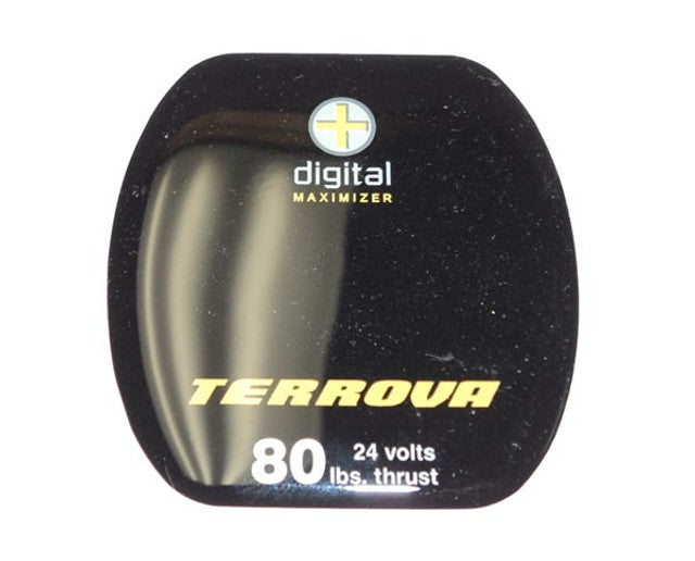 Minn Kota DECAL,COVER,TERROVA 80 (SUB) P/N: 2325674 black decal cover for Terrova 80 trolling motor featuring digital maximizer branding and specifications for 24 volts and 80 lbs thrust.