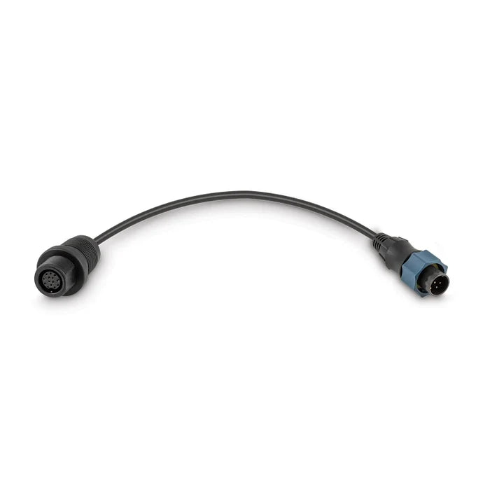 Minn Kota DSC Adapter Cable / MKR-DSC-10 LOWRANCE 7-PIN 1852077, a black flexible cable with circular connectors on both ends for marine electronics and fishing tackle connections.