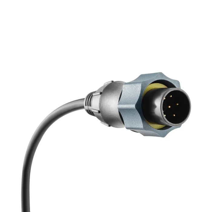 Close-up view of a black and silver electrical connector cable end with seven pins, featuring a metallic blue-gray threaded ring, the Minn Kota DSC Adapter Cable / MKR-DSC-10 LOWRANCE 7-PIN 1852077 used for marine electronics and fishing tackle applications.