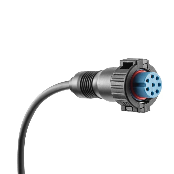Close-up of a black cable with a circular blue 8-pin connector and a threaded locking ring, designed for marine electronics, identified as Minn Kota DSC Adapter Cable / MKR-DSC-14 GARMIN 8-PIN 1852082.