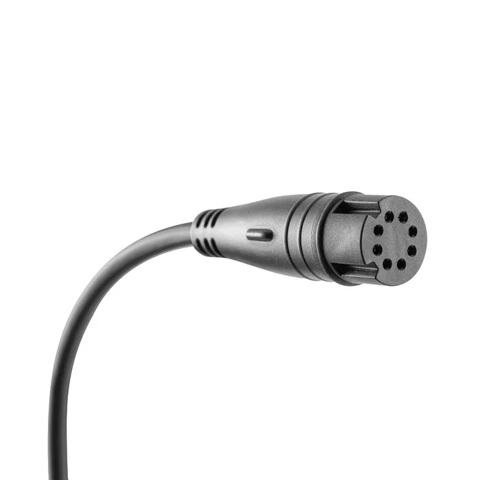 Close-up of a black connector cable end with multiple pin sockets, part of Minn Kota DSC Adapter Cable / MKR-DSC-15 LOWRANCE 8-PIN 1852078 for marine electronics and fishing tackle systems.