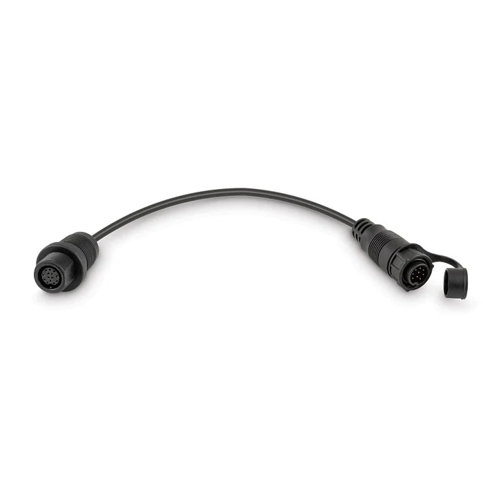 Minn Kota DSC Adapter Cable / MKR-DSC-16 LOWRANCE 9-PIN 1852079, a black marine electronics connector cable with sealed 9-pin connectors on both ends designed for secure fishing tackle connections.