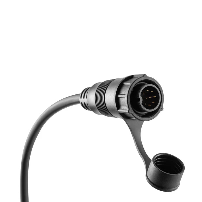 Minn Kota DSC Adapter Cable / MKR-DSC-16 LOWRANCE 9-PIN 1852079 with black cylindrical connector, protective cap, and flexible cable for marine electronics and fishing tackle connections.