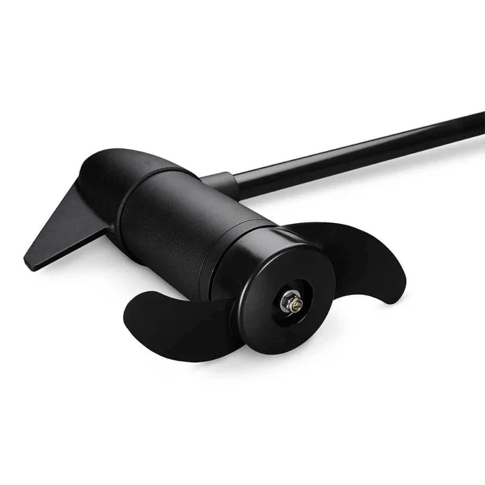 Close-up of the black propeller and shaft of the Minn Kota Endura 50lb (12v) 42" Shaft 1352278 trolling motor, designed for precise control in fishing and marine applications.