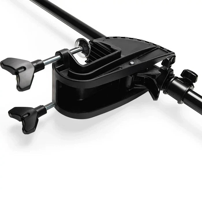 Minn Kota Endura 50lb (12v) 42" Shaft 1352278 trolling motor showing black mounting bracket with adjustable clamps designed for secure attachment to boat transoms.