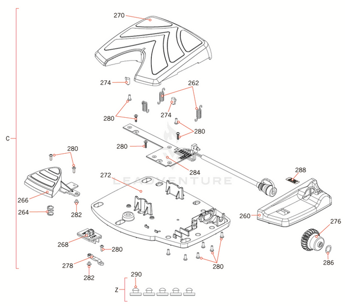 Detailed exploded diagram of Minn Kota FOOT PEDAL ASM, POWERDRIVE P/N: 2994728 showing individual parts and components including pedal covers, mounting plates, screws, springs, and a gear wheel.