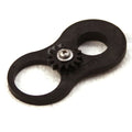 Close-up of a black Minn Kota GEAR/IDLER PLATE/SCREW/WASHER P/N: 2772215 featuring a gear mechanism with a central metal screw and washer on a white background, used for fishing tackle repair.