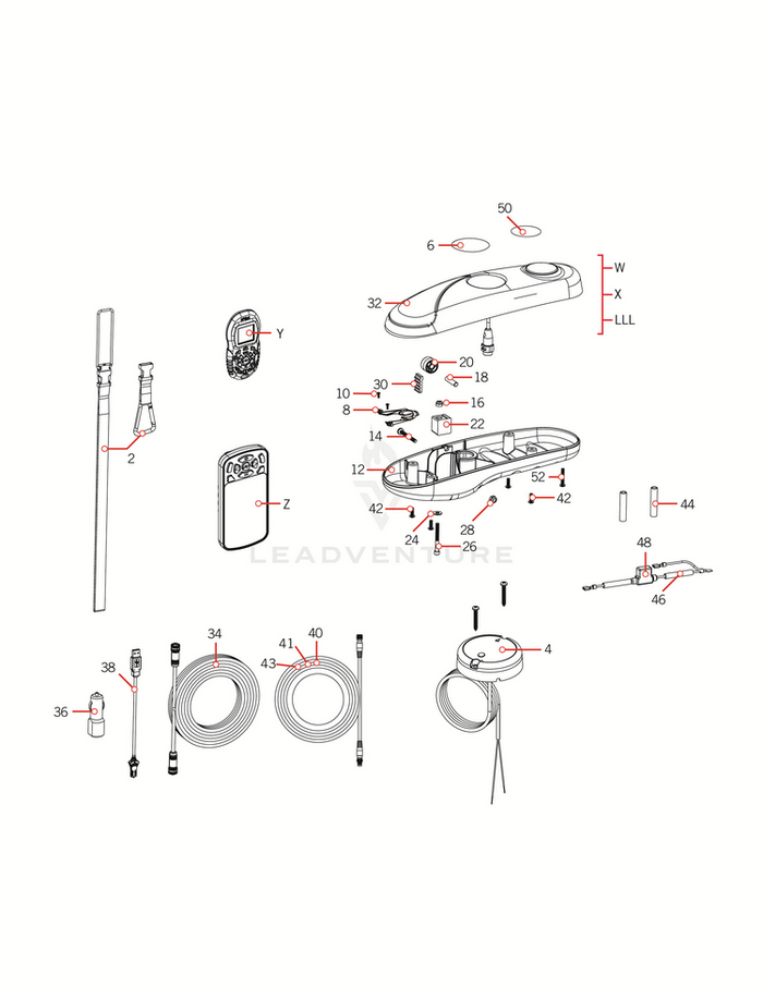Exploded diagram of Minn Kota iPILOT CNTRLR 3.0 ULT/MSI(N/A) P/N: 2774115 showing detailed components like remote controls, cables, screws, and main device parts used in fishing tackle and marine electronics.