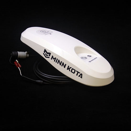 Minn Kota iPILOT CONTROLLER 1.6 RT PD(~) P/N: 2774126 is a white marine electronic controller with a sleek, aerodynamic design and attached black cable, used for precise navigation in fishing boats.