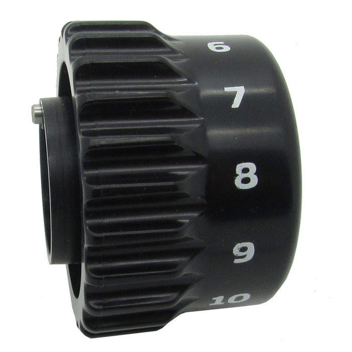 Close-up of a black adjustment knob with white numbers 6 through 10, designed for precise control on the Minn Kota KNOB-SPEED, FOOT PEDAL P/N: 2320100 used in fishing tackle and marine electronics.