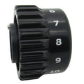 Close-up of a black adjustment knob with white numbers 6 through 10, designed for precise control on the Minn Kota KNOB-SPEED, FOOT PEDAL P/N: 2320100 used in fishing tackle and marine electronics.