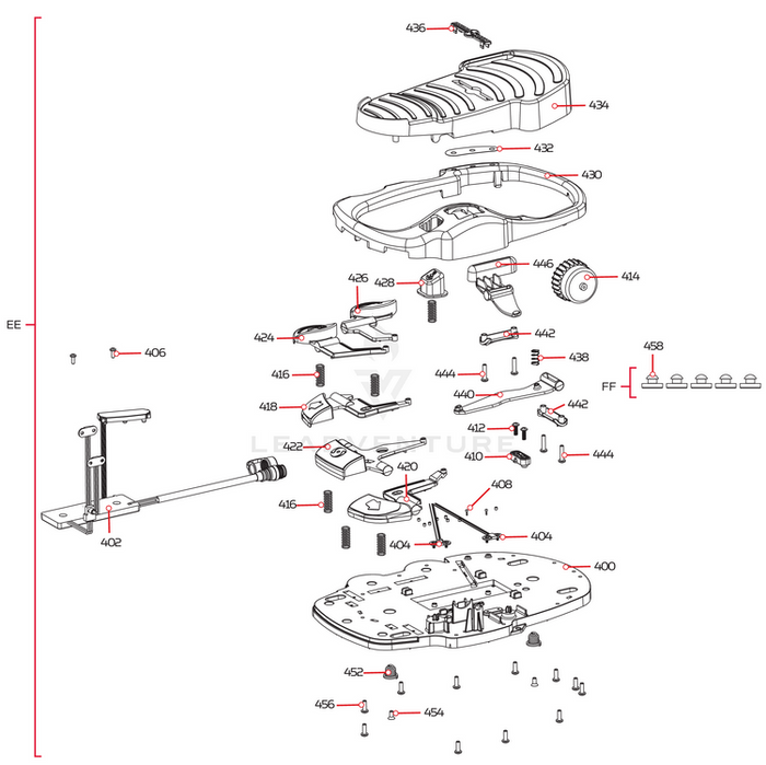 Exploded view diagram showing all individual components and assembly parts for the Minn Kota KNOB-SPEED, FOOT PEDAL P/N: 2320100, illustrating the detailed internal structure of the foot pedal used in fishing tackle and marine electronics.