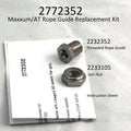 Minn Kota MAXXUM ROPE-GUIDE/JAM NUT KIT P/N: 2772352 showing a threaded rope guide, jam nut, and instruction sheet for fishing tackle maintenance and repair.