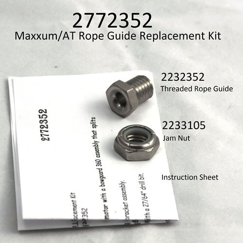 Minn Kota MAXXUM ROPE-GUIDE/JAM NUT KIT P/N: 2772352 showing a threaded rope guide, jam nut, and instruction sheet for fishing tackle maintenance and repair.