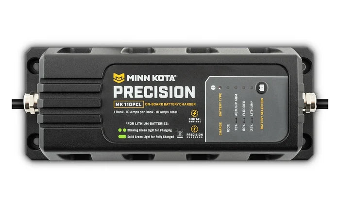 Minn Kota MK-110PCL Charger (Precision Lithium) PN: 1831101 is a black on-board battery charger with LED indicators showing charging status and safety features for lithium batteries.