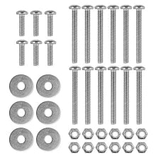 Minn Kota MKA-52/62 Quick Release Bracket hardware kit featuring a set of stainless steel screws, washers, and nuts arranged neatly on a white background.