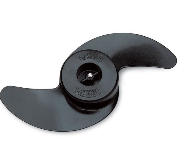 Black two-blade propeller with a rounded wedge shape designed for reduced snagging, labeled Minn Kota MKP-24 Weedless Wedge Prop 1378130, used in fishing tackle and marine electronics.