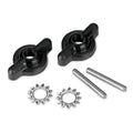 Minn Kota MKP-9 Prop Nut Kit (A) featuring two black winged prop nuts, two silver retaining washers with teeth, and two cylindrical metal pins, designed for marine and fishing tackle use.