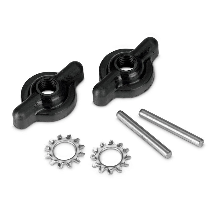 Minn Kota MKP-9 Prop Nut Kit (A) featuring two black winged prop nuts, two silver retaining washers with teeth, and two cylindrical metal pins, designed for marine and fishing tackle use.