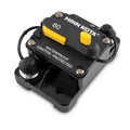 Minn Kota MKR 27 Circuit Breaker featuring a compact black and yellow waterproof design with ignition protection, used for safeguarding fishing tackle and marine electronics systems.