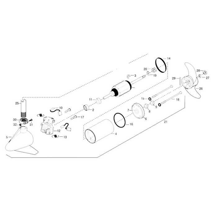 Exploded diagram of Minn Kota MTR ASY 12V 3.6 55# w/PROP KIT P/N: 2887090 showing all internal components including motor, propeller, housing, and connecting parts for fishing tackle repair and assembly.
