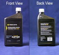 Minn Kota OIL-HYDRAULIC, QUART, RAPTOR P/N: 2357700 showing front and back views of a black plastic container with biodegradable marine hydraulic fluid for use with Raptor marine equipment.