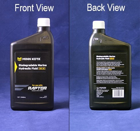 Minn Kota OIL-HYDRAULIC, QUART, RAPTOR P/N: 2357700 showing front and back views of a black plastic container with biodegradable marine hydraulic fluid for use with Raptor marine equipment.