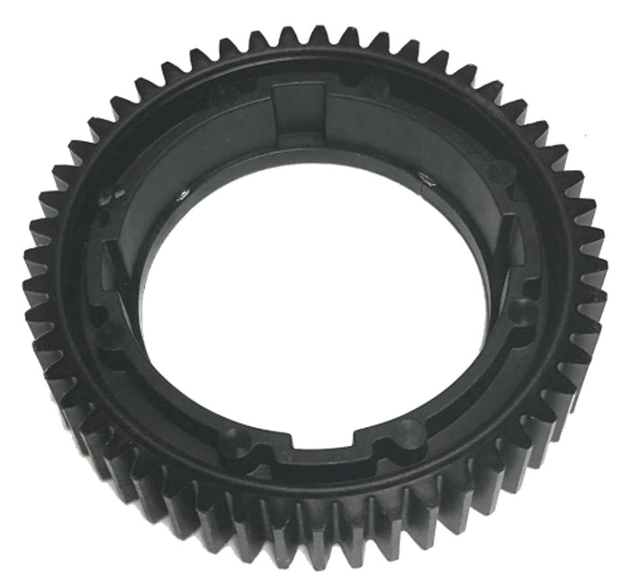Minn Kota OUTPUT GEAR w/MAGNETS P/N: 2772200 is a black circular gear with evenly spaced teeth around the edge, designed for precise mechanical function in fishing tackle and marine electronics.