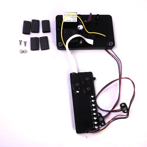 Minn Kota PCB ASM,TALON,HEAT SHRINK(N/A) P/N: 2884045 showing black electronic circuit boards with connected colored wires, buttons, and small black heat shrink tubing pieces and screws on a white background.